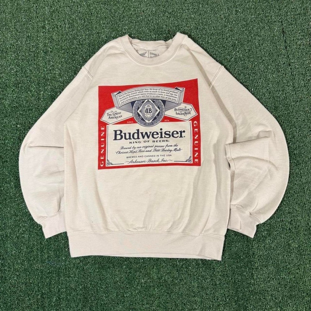 Budweiser Graphic Crewneck Sweatshirt Cream Small Brew City Beer Label 0202
